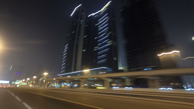 Drive on Sheikh Zayed Road in Dubai at night, United Arab