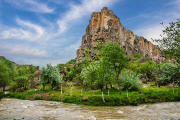 Mountain landscape. Canyon Ihlara, Cappadocia, Turkey. Green tou