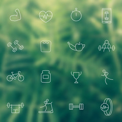 16 line white fitness, gym, training icons on blur background