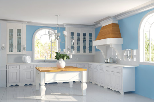 Küche mit blauer Wand in einem Haus