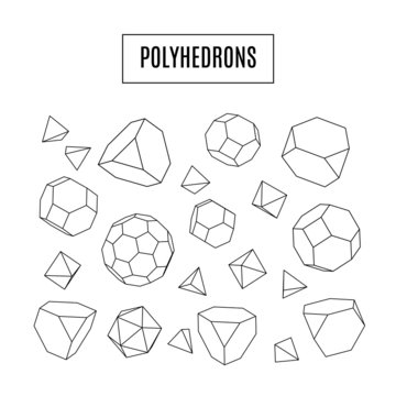 Set of 3d polyhedrons, modern hipster line art icons, crystals
