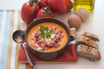 Tomato salmorejo soup in a bowl, spanish food