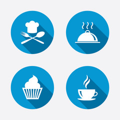 Fototapeta na wymiar Food icons. Muffin cupcake symbol. Fork, spoon.