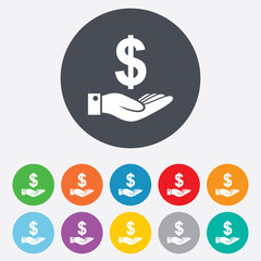 Dollar and hand sign. Palm holds money USD.