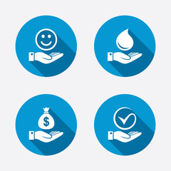 Smile and hand icon. Water drop, Tick symbol.