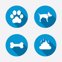 Pets icons. Dog paw and feces signs.