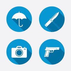 Gun weapon. Knife, umbrella and photo camera.