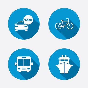 Transport icons. Taxi car, Bicycle, Bus and Ship
