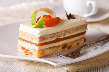 Slice of apricot cake on a plate