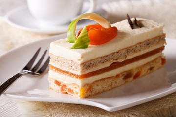 delicious apricot cake on a plate closeup