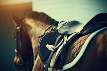 Keuken foto achterwand Paardrijden Zadel met stijgbeugels op de rug van een paard