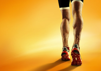 Sports background. Runner feet running closeup on shoe.