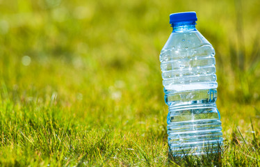 bottle of clear still water in a grass field