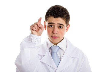 Authoritative but not aggressive pointing forefinger by boy doct