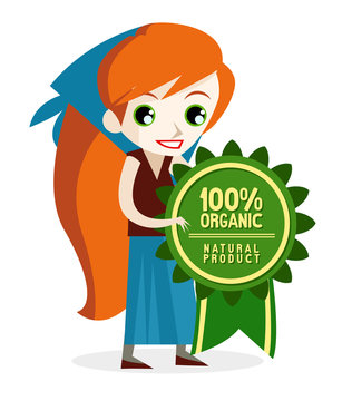 una mujer sosteniendo una insignia de alimentos naturales