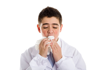 boy doctor cleaning his lips with handkerchief