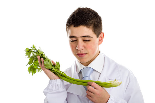 Boy doctor takes care of green celeris