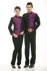 Wear clothing occupation Chinese waiters in white background