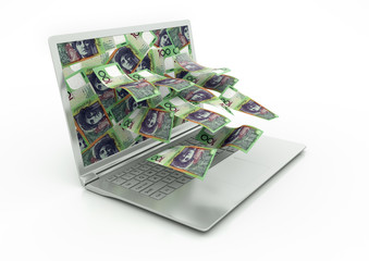 3D Australia money coming out of Laptop monitor isolated in white background