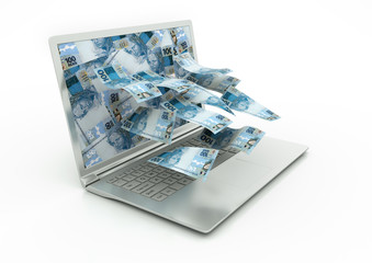3D Brazil money coming out of Laptop monitor isolated in white background