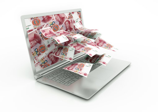3D new China money coming out of Laptop monitor isolated in white background
