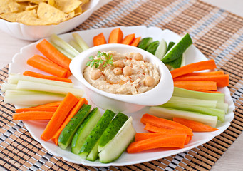 Healthy homemade hummus with vegetables, olive oil and pita chip