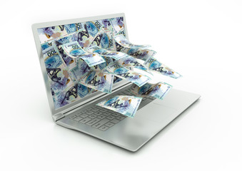 3D Russia money coming out of Laptop monitor isolated in white background