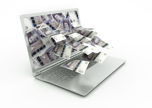 3D United Kingdom money coming out of Laptop monitor isolated in white background