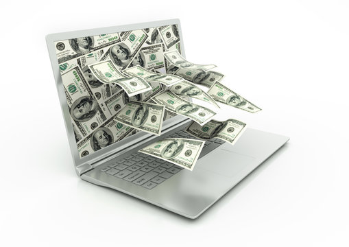 3D United States money coming out of Laptop monitor isolated in white background