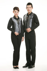 Wear clothing occupation Chinese waiters in white background