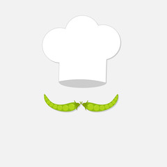 Chef hat and green pea mustache icon. Menu card. Flat