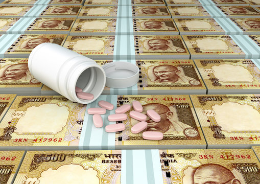close up of 3D medicine, tablets pills on top of India money