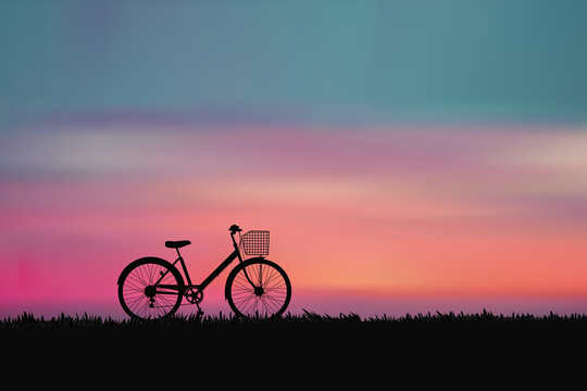 The bike with sunset on the meadow