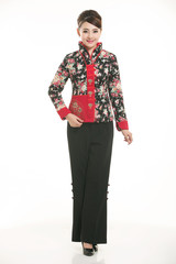 Wearing cotton padded jacket China lady in white background