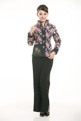 Wearing cotton padded jacket China lady in white background