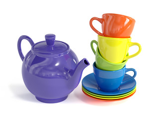 Teapot and colorful cups isolated on white background
