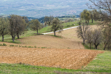 Obraz premium Small plowed fields in the countryside in Bulgaria.