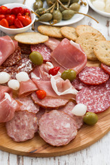 Assorted meat snacks, sausages and pickles on wooden board