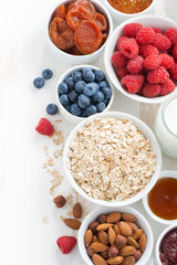 cereal and various delicious ingredients for breakfast, top view