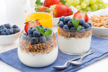 dessert with cream, fresh berries and granola