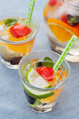 Refreshing white sangria (punch) with fruits, picnic idea