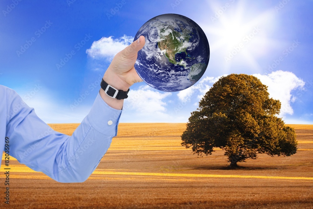 Poster composite image of businessman holding hand out in presentation