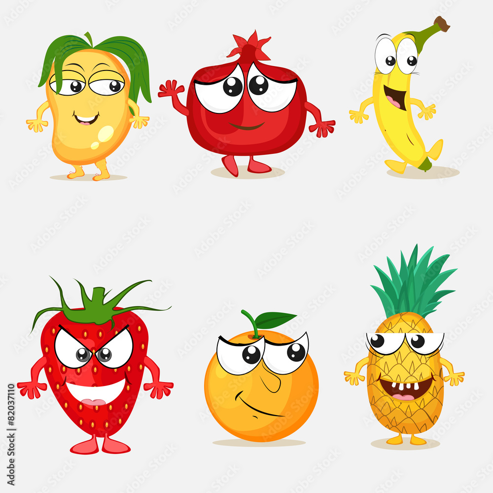 Poster Set of happy fruit cartoon characters.