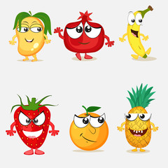 Set of happy fruit cartoon characters.