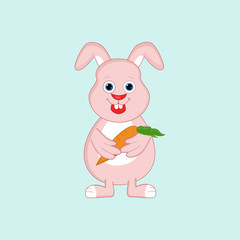 Cute rabbit cartoon with carrot on sky blue background.
