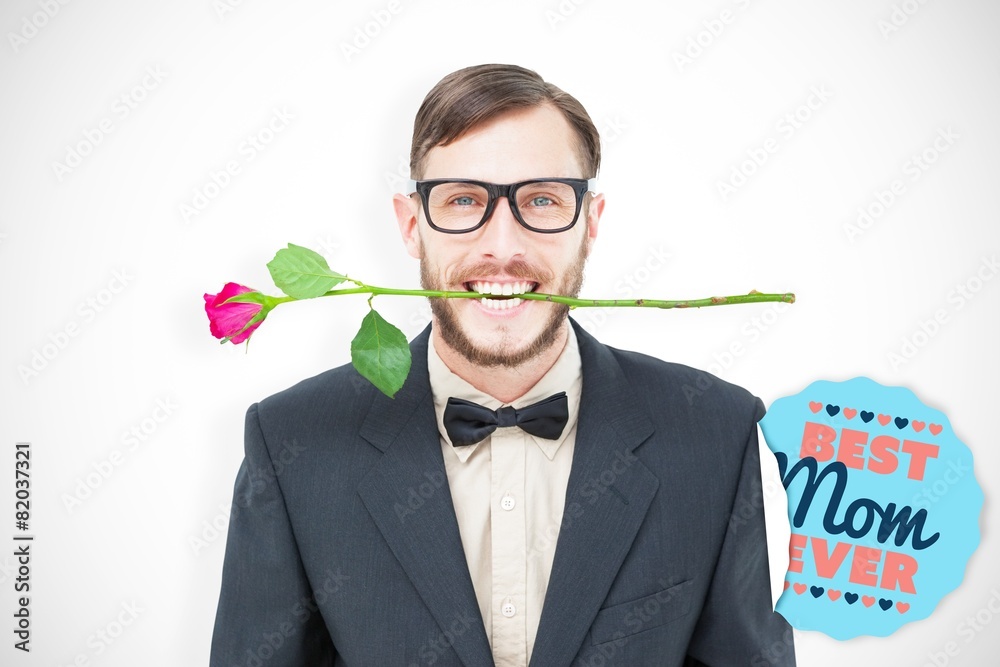 Aufkleber composite image of geeky hipster holding rose between teeth