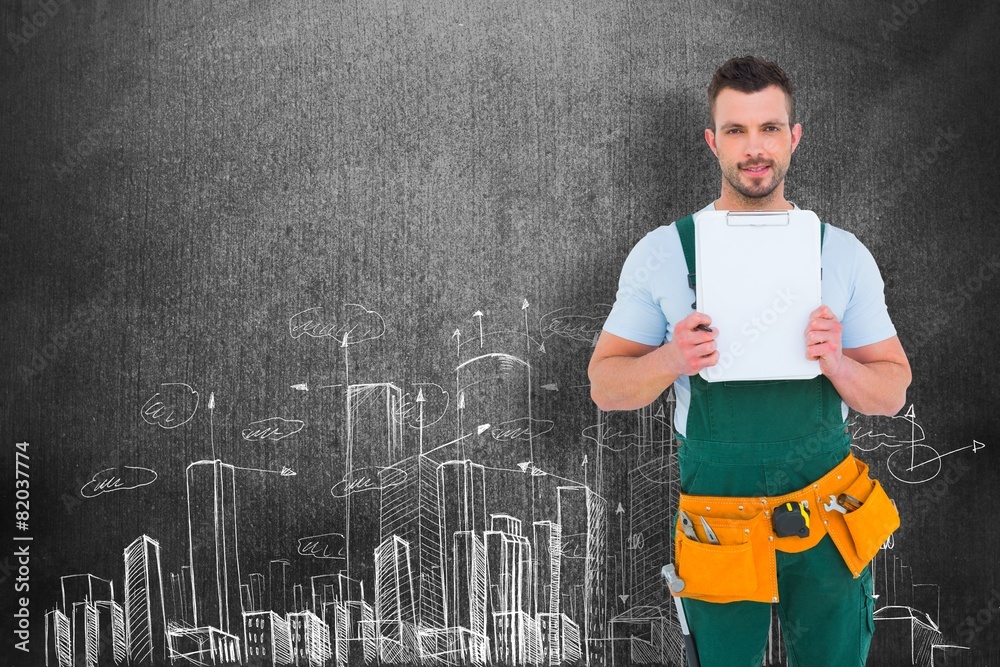 Poster composite image of repairman showing clipboard