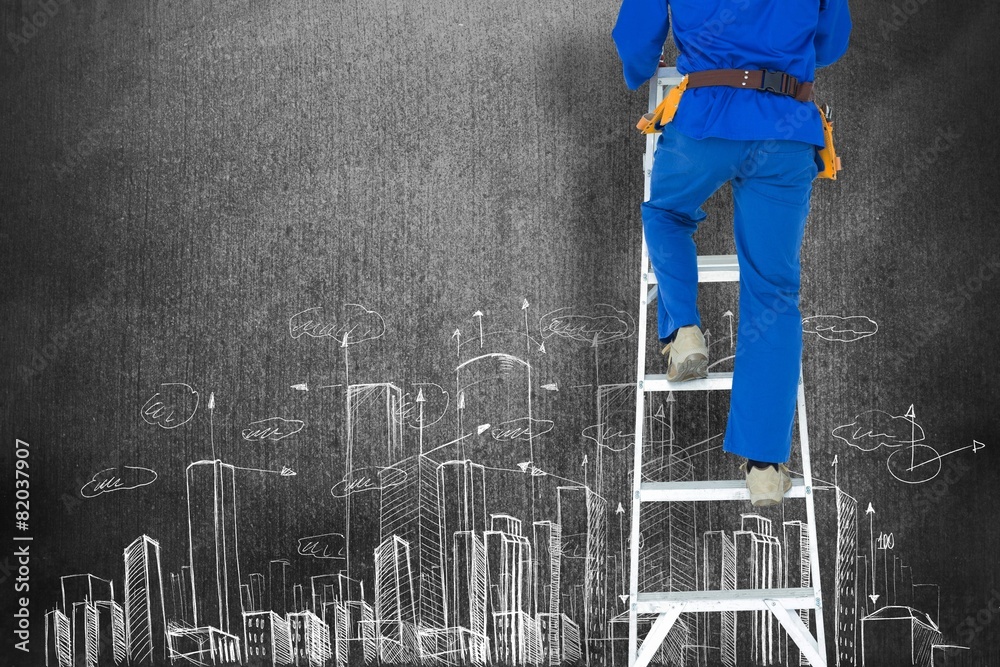 Poster Composite image of low section of carpenter climbing step ladder