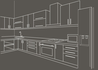linear sketch interior kitchen on gray background