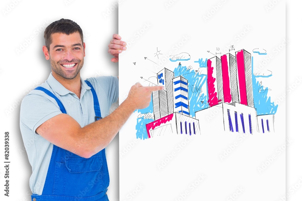 Poster composite image of repairman in overalls pointing at placard